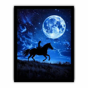 Moonlit horse rider canvas art with starry night sky for dramatic bedroom decor.