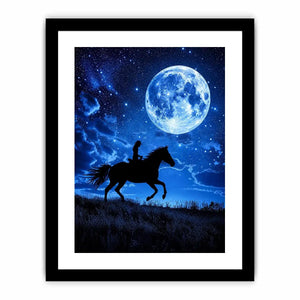 Moonlit horse rider canvas art with starry night sky for dramatic bedroom decor.