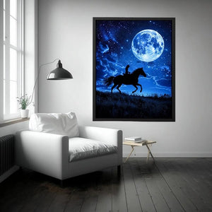 Moonlit horse rider canvas art with starry night sky for dramatic bedroom decor.