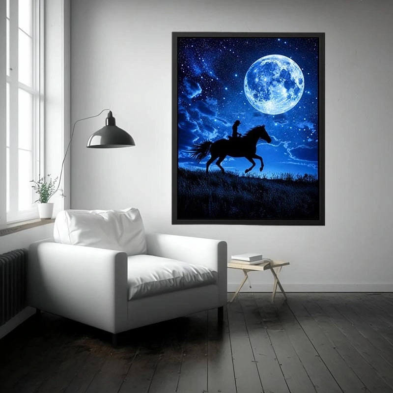 Moonlit horse rider canvas art with starry night sky for dramatic bedroom decor.