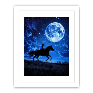 Moonlit horse rider canvas art with starry night sky for dramatic bedroom decor.