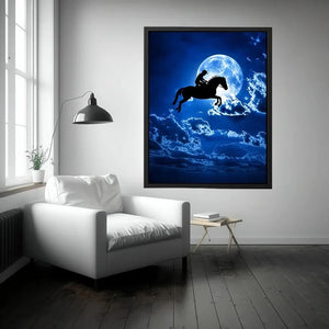 Dreamy moonlit horse silhouette canvas art for modern bedroom and luxury wall decor.