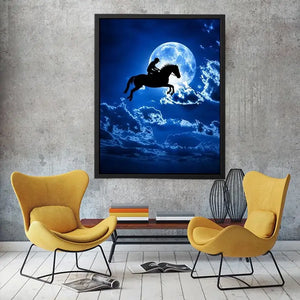 Dreamy moonlit horse silhouette canvas art for modern bedroom and luxury wall decor.