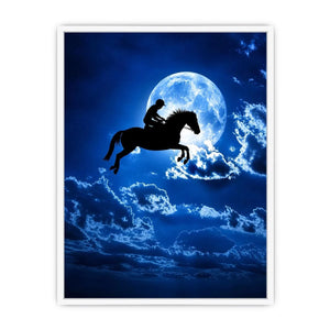 Dreamy moonlit horse silhouette canvas art for modern bedroom and luxury wall decor.