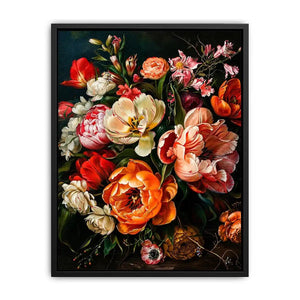 Luxury dark floral canvas art with dramatic tulips and rich botanical tones for elegant interiors.
