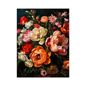 Luxury dark floral canvas art with dramatic tulips and rich botanical tones for elegant interiors.