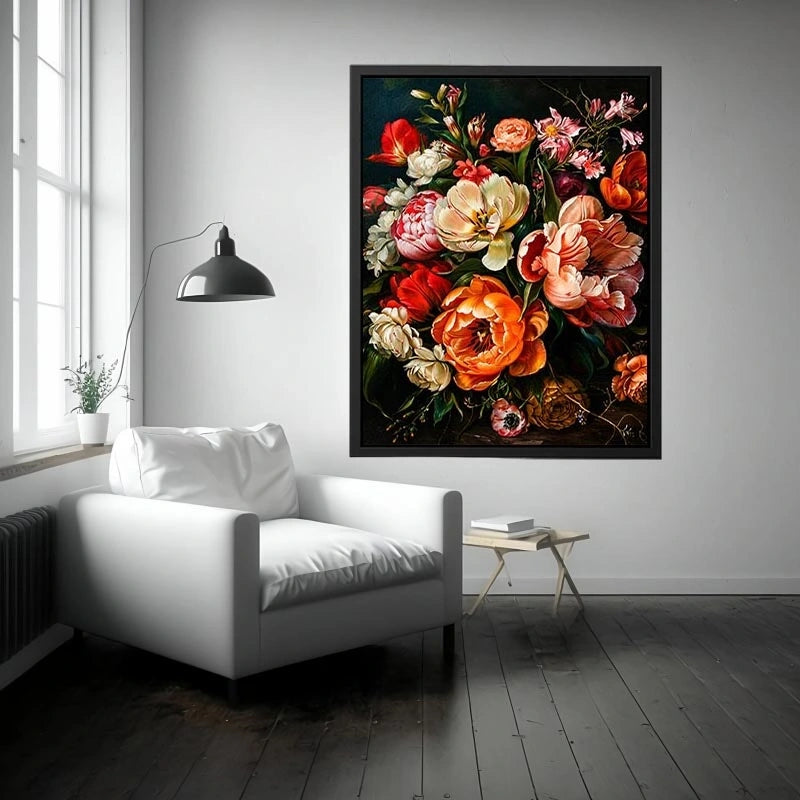 Luxury dark floral canvas art with dramatic tulips and rich botanical tones for elegant interiors.
