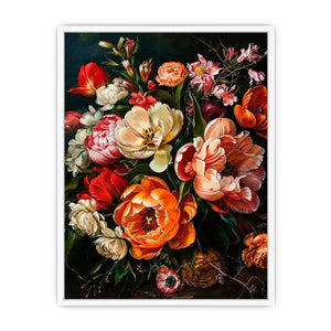 Luxury dark floral canvas art with dramatic tulips and rich botanical tones for elegant interiors.