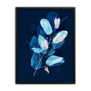 Minimal blue botanical wall art with delicate leaves for modern bedroom and office decor.