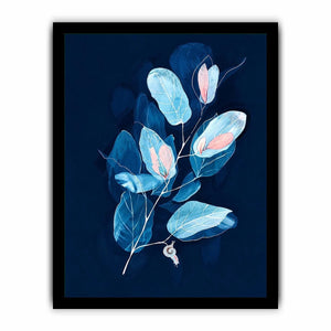Minimal blue botanical wall art with delicate leaves for modern bedroom and office decor.