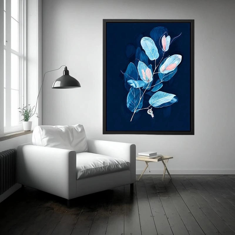 Minimal blue botanical wall art with delicate leaves for modern bedroom and office decor.