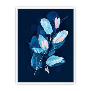 Minimal blue botanical wall art with delicate leaves for modern bedroom and office decor.