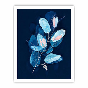 Minimal blue botanical wall art with delicate leaves for modern bedroom and office decor.