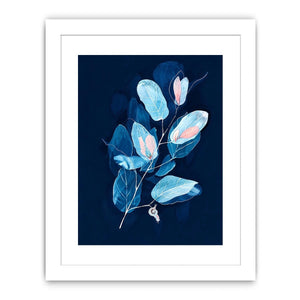 Minimal blue botanical wall art with delicate leaves for modern bedroom and office decor.