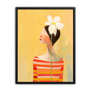Minimal woman portrait canvas art with white flower and warm modern tones for bedroom decor.