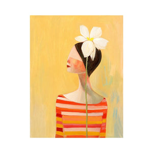 Minimal woman portrait canvas art with white flower and warm modern tones for bedroom decor.