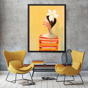 Minimal woman portrait canvas art with white flower and warm modern tones for bedroom decor.