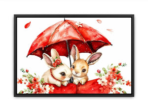 Cute bunny watercolor canvas art with red umbrella and flowers for nursery and kids room decor.