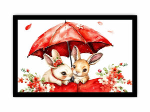 Cute bunny watercolor canvas art with red umbrella and flowers for nursery and kids room decor.