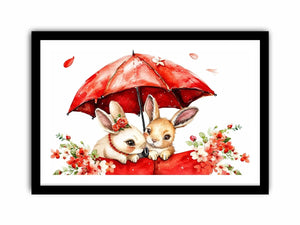 Cute bunny watercolor canvas art with red umbrella and flowers for nursery and kids room decor.