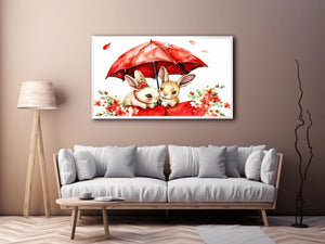 Cute bunny watercolor canvas art with red umbrella and flowers for nursery and kids room decor.