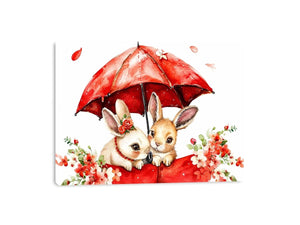Cute bunny watercolor canvas art with red umbrella and flowers for nursery and kids room decor.