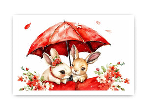 Cute bunny watercolor canvas art with red umbrella and flowers for nursery and kids room decor.
