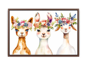 Watercolor llama floral canvas art for nursery and modern kids room decor.