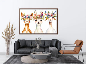 Watercolor llama floral canvas art for nursery and modern kids room decor.