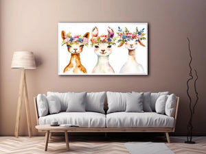 Watercolor llama floral canvas art for nursery and modern kids room decor.