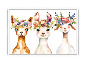 Watercolor llama floral canvas art for nursery and modern kids room decor.