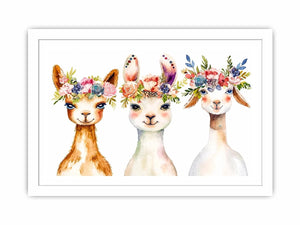 Watercolor llama floral canvas art for nursery and modern kids room decor.