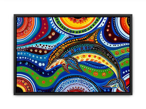Colorful abstract dolphin canvas wall art for modern coastal living room decor.