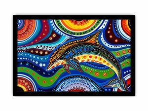 Colorful abstract dolphin canvas wall art for modern coastal living room decor.