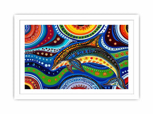 Colorful abstract dolphin canvas wall art for modern coastal living room decor.