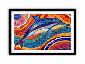 Vibrant dolphin canvas wall art for colorful coastal living room decor.