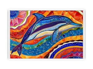 Vibrant dolphin canvas wall art for colorful coastal living room decor.