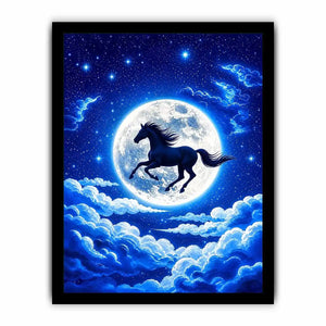 Moonlit horse canvas wall art for dreamy bedroom and modern living room decor.