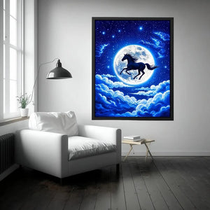 Moonlit horse canvas wall art for dreamy bedroom and modern living room decor.