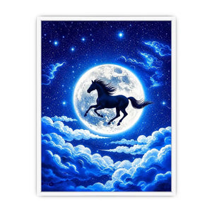 Moonlit horse canvas wall art for dreamy bedroom and modern living room decor.