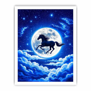 Moonlit horse canvas wall art for dreamy bedroom and modern living room decor.