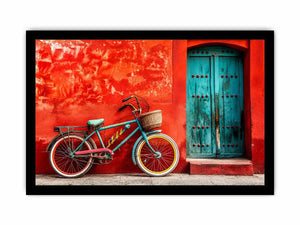 Colorful vintage bicycle wall art for modern loft and eclectic living room decor.