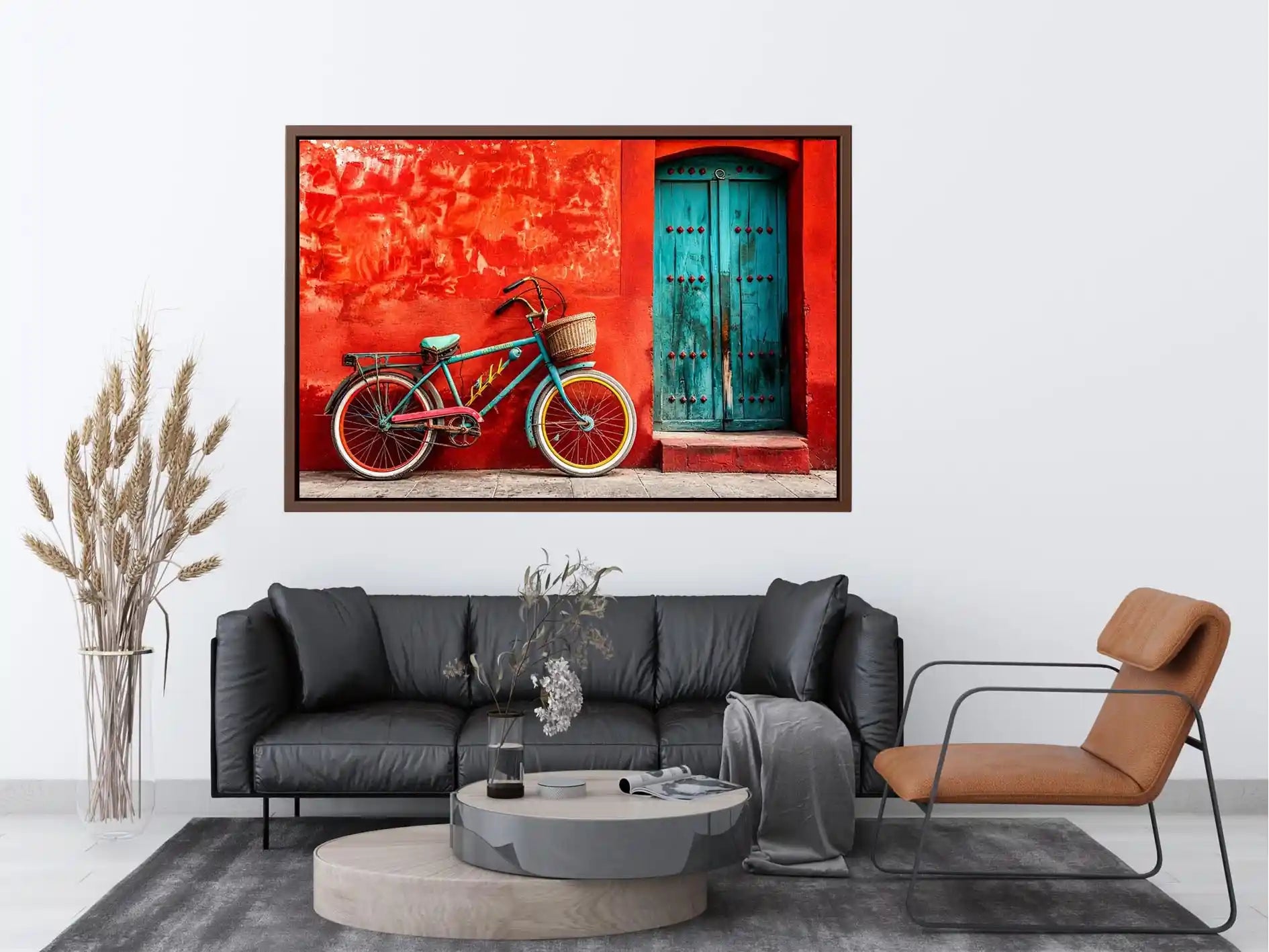 Colorful vintage bicycle wall art for modern loft and eclectic living room decor.