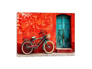 Colorful vintage bicycle wall art for modern loft and eclectic living room decor.
