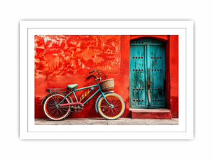 Colorful vintage bicycle wall art for modern loft and eclectic living room decor.