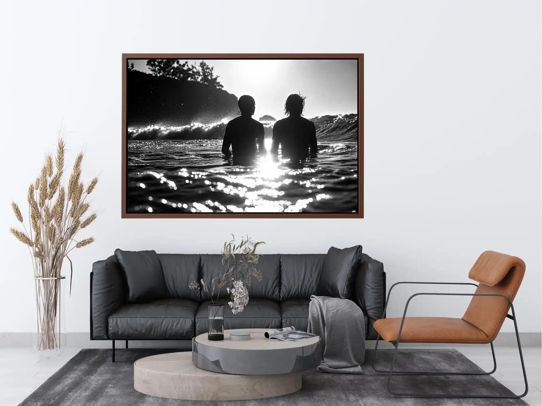 Black and white coastal ocean photography canvas art for modern living room and luxury bedroom decor.