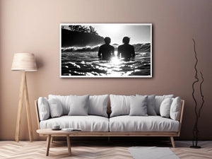 Black and white coastal ocean photography canvas art for modern living room and luxury bedroom decor.