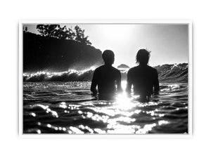 Black and white coastal ocean photography canvas art for modern living room and luxury bedroom decor.