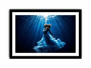 Luxury underwater woman canvas art with flowing blue dress for elegant modern bedroom or living room decor.