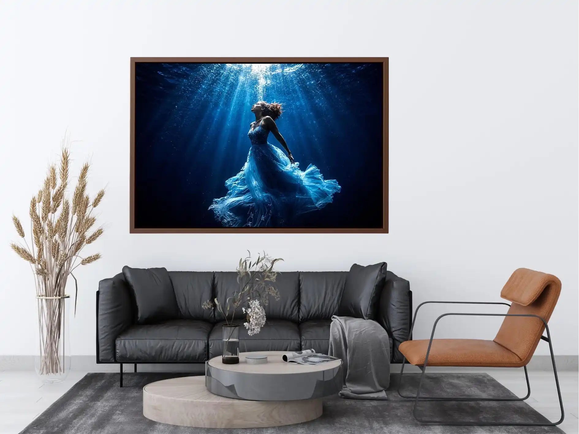 Luxury underwater woman canvas art with flowing blue dress for elegant modern bedroom or living room decor.